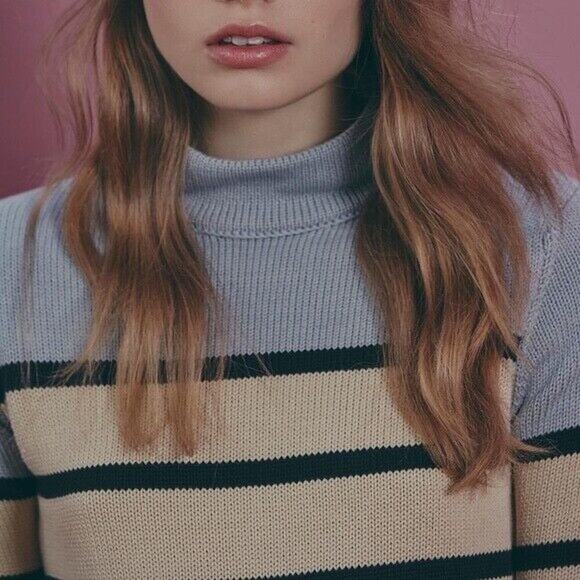 Knitz For Love and Lemons Mon Cheri stripe mock neck sweater Cream Grey Cotton - Picture 4 of 12